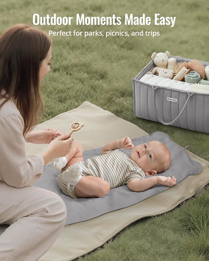 Blissful Diary Vegan Leather Portable Changing Pad, Wipeable & Waterproof Baby Change Mat in Diaper Bag, Travel Essential & Registry Gift, Light Gray