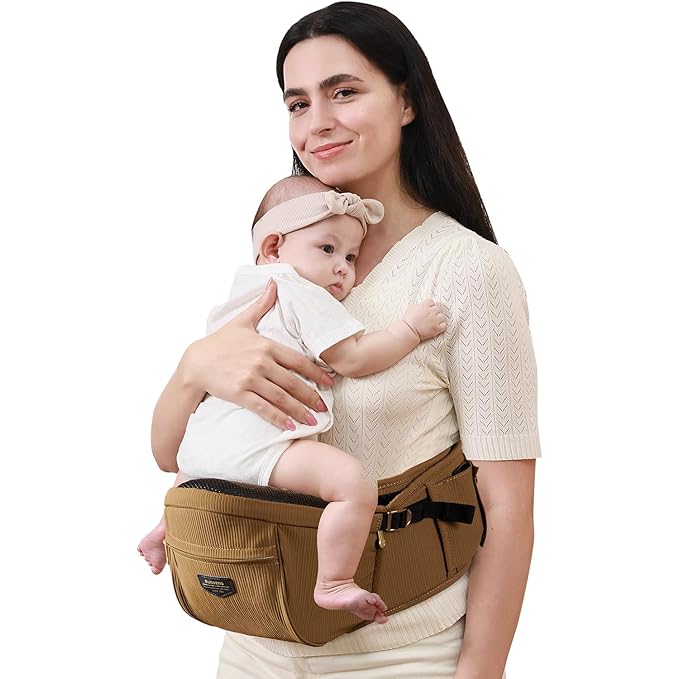 Sunveno Hip Baby Carrier with Seat,Ergonomic Baby Hip Carrier, Front-Facing Baby Holder, Anti-Slip Seat Surface, Wide and Adjustable Waistband,Multiple Pockets, Newborn to Toddler up to 45lbs, Brown