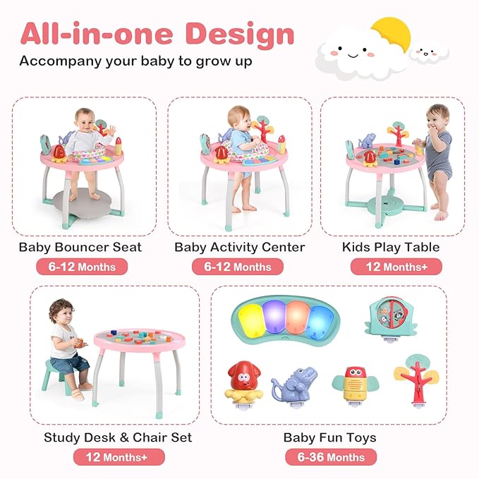 BABY JOY 5 in 1 Baby Activity Center, Baby Jumpers and Bouncers with Removable Toys, Lights & Music, 3 Adjustable Heights, Interactive Play Center for Toddlers Boys Girls 6-36 Months (Pink)