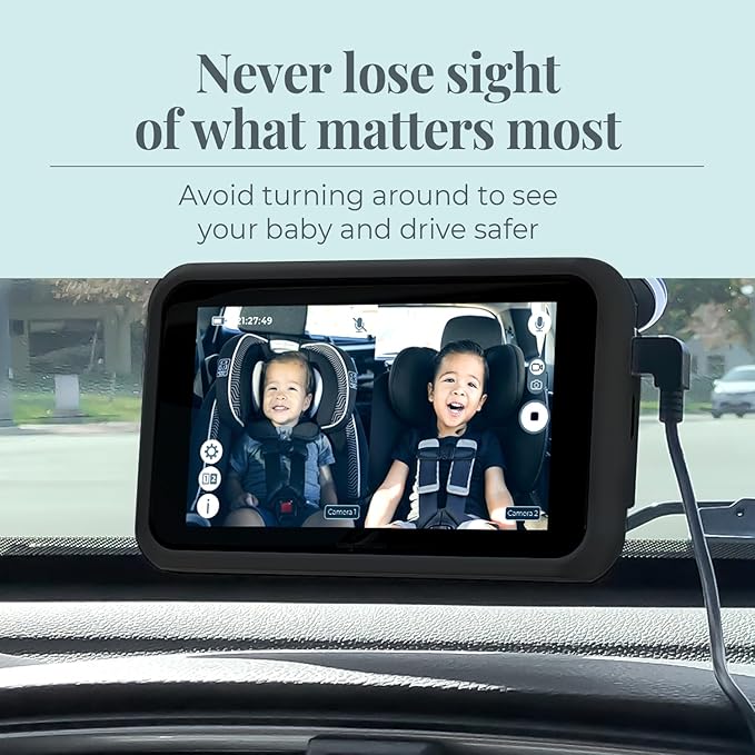 Tiny Traveler Baby Car Camera for 2 Kids, Touch Screen Baby Car Monitor with Power Bank, No WiFi Baby Camera for Car Home Travel, Rear-Facing Car Seat Monitor Night Vision Baby Reminder Alert - Black