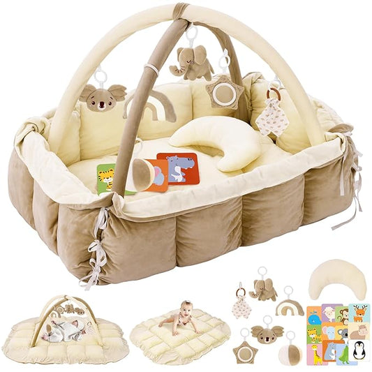 5-in-1 Plush Baby Play Gym, Baby Play Mats, Convertible Baby Gym with Pillow, Tummy time mat, Baby&Ped Bed, 6 Sensory Toys, Baby Activity Center from Newborn to Toddler, Ball Pit, Rectangular Cream