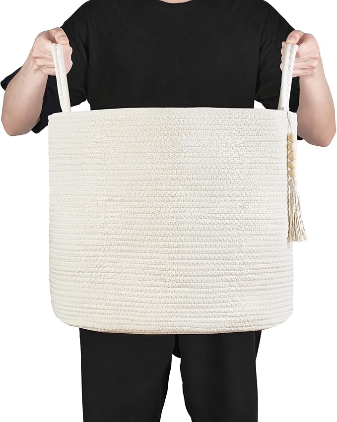 Mkono Woven Storage Basket Decorative Natural Rope Basket Wooden Bead Decoration for Blankets,Toys,Clothes,Shoes,Plant Organizer Bin with Handles Living Room Home Decor, White, 16" W × 13.8" L