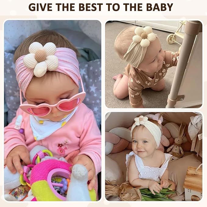 3 Pcs Baby Flower Headbands Baby Girls Nylon Headband Soft Hairbands Hair Accessories for Newborn Infant Toddler Kids (Yellow,Pink,Brown)