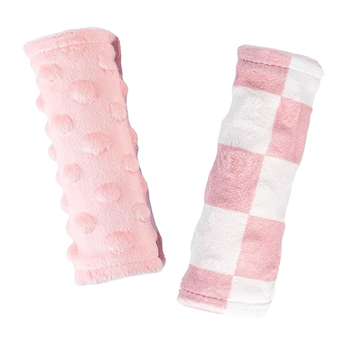Carseat Strap Covers for Babies, Ultra Soft Double-Sided Use Shoulder Covers, 2 Pack Infant Seat Belt Covers for Car Seats/Strollers/High Chairs, for Baby Toddler Infant Boy Girl, Pink Checkered