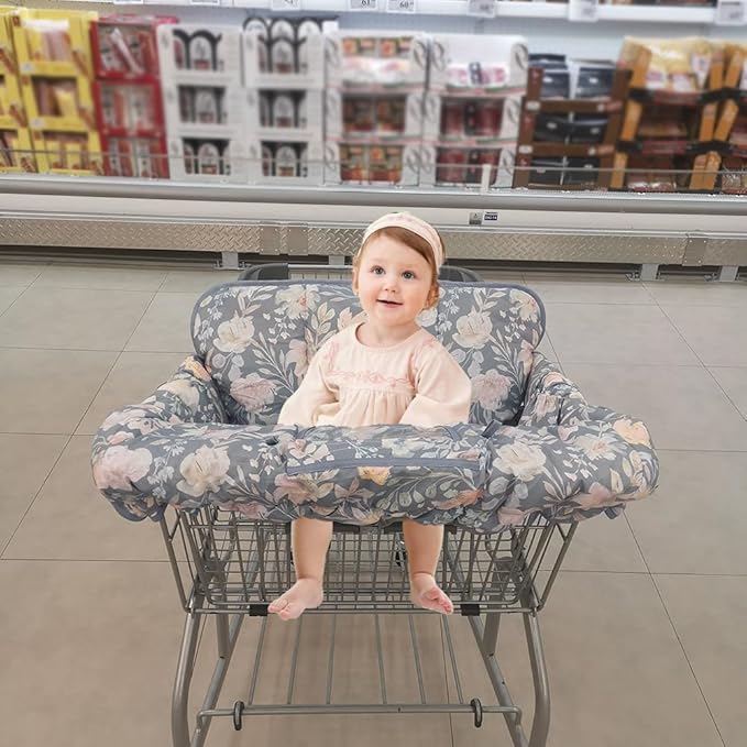 ICOPUCA Shopping Cart Cover for Baby, 2 in 1 cart Cover for Babies N high Chair Cover, Padded Grocery cart seat Cover for Baby Girl boy, with 1” Thick/Removable/Reversible Cushion, Flowers;