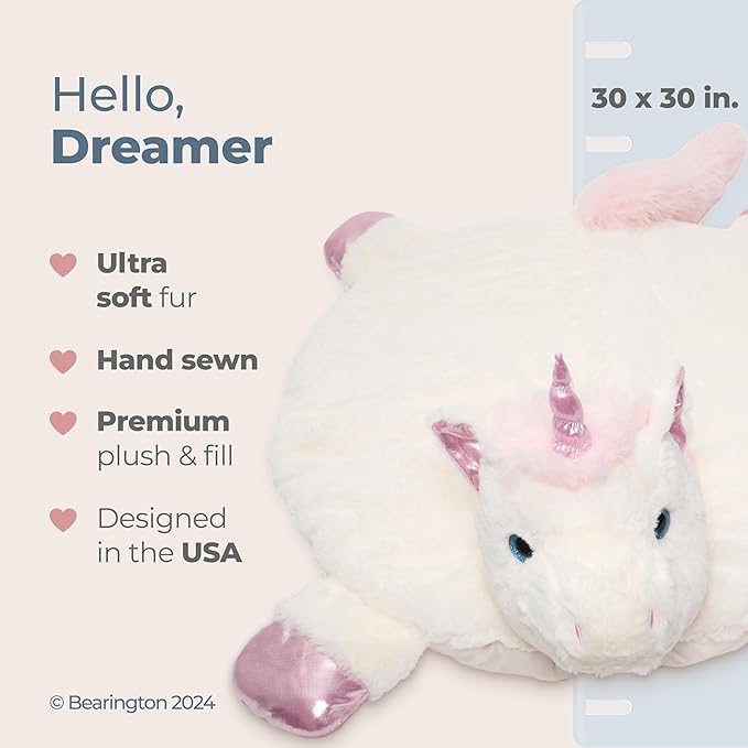 Bearington Baby Dreamer Baby Play Mat - 30 x 30 Inch White and Pink Unicorn Plush Stuffed Animal Blanket - Floor Mat Unicorn Plush Blanket