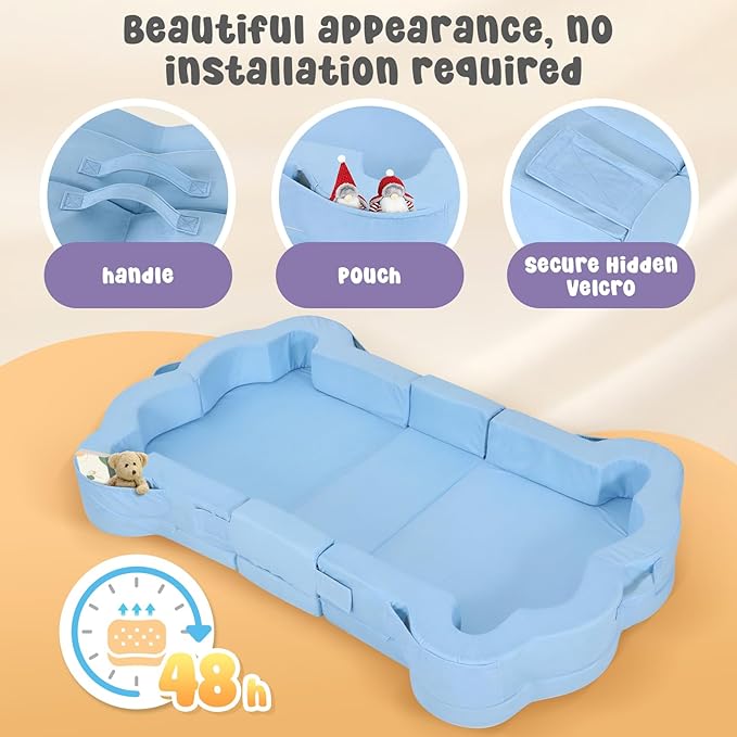 Foldable Portable Toddler Travel Bed,Toddler Floor Bed with Washable Cover for Kids,Soft and Safe (Blue)
