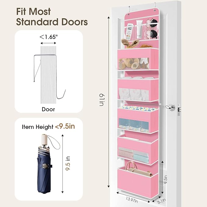 6-Tier Over The Door Organizer Hanging Storage Organizers with Clear Window 40lb Large Capacity Room Organizer for Pantry Bathroom Nursery Closet(Pink)