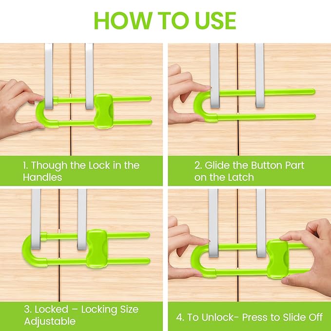 Jetec 10 Pieces Cabinet Locks for Babies, U-Shaped Proofing Drawers Safety Child Locks Adjustable, Easy to Use Childproof Latch for Knob Handle on Kitchen Door Storage Cupboard Closet (Green)