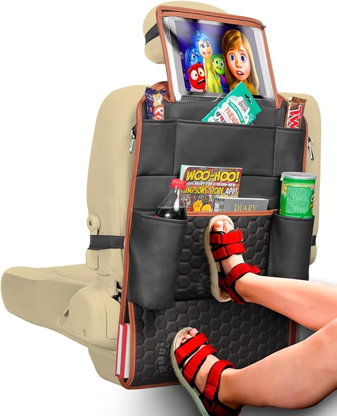 Owleys Back of Seat Organizer for Kids | Car Storage Caddy – 8 Pockets + Transparent Tablet Holder | Waterproof Eco-Leather | 27.5' x 18.5' | Brown+Black