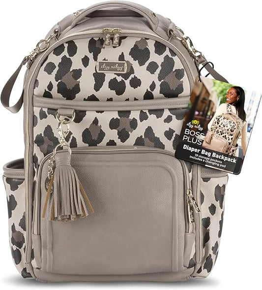 Itzy Ritzy Diaper Bag Backpack – Large Capacity Boss Plus Baby Backpack Diaper Bag Featuring 19 Pockets, Changing Pad, Stroller Clips, and Comfortable Straps (Leopard)