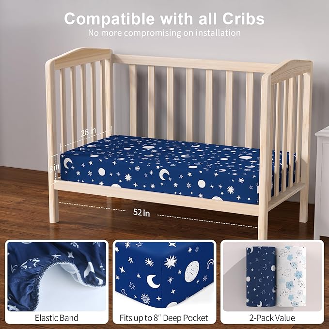 Baby Crib Sheets 2 Pack for Boys and Girls Fit for Standard Crib Toddler Mattress Breathable Soft Microfiber Baby Sheet 28x52x8in(Starry Sky & Clouds)