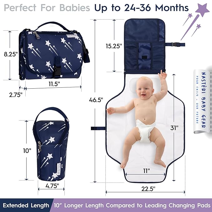 Nasteri Baby Gear Extra Large Portable Baby Changing Pad with Memory Foam Pillow & Insulated Bottle Bag - Waterproof Portable Changing Station for Girls & Boys - Navy