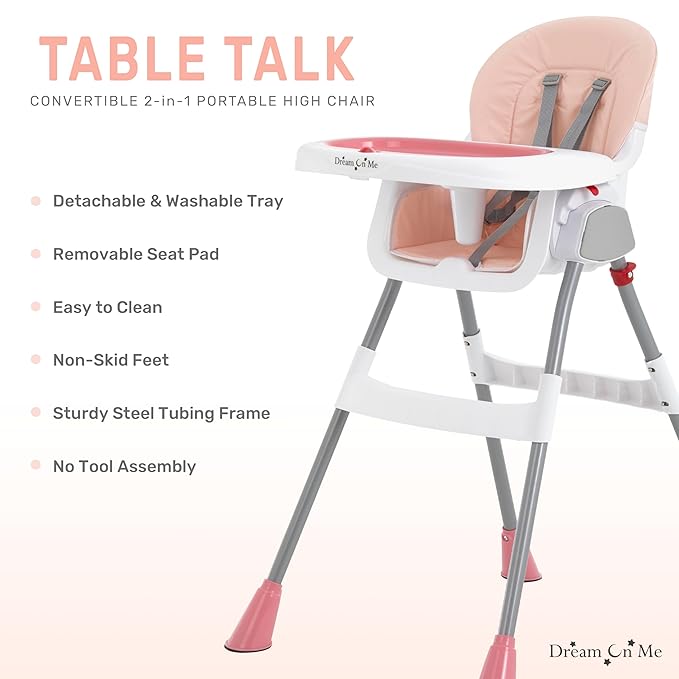 Dream On Me Portable 2-in-1 Tabletalk High Chair in Pink, Three Adjustable Height Settings, Lightweight Portable High Chair, Easy To Clean and Removable Tray