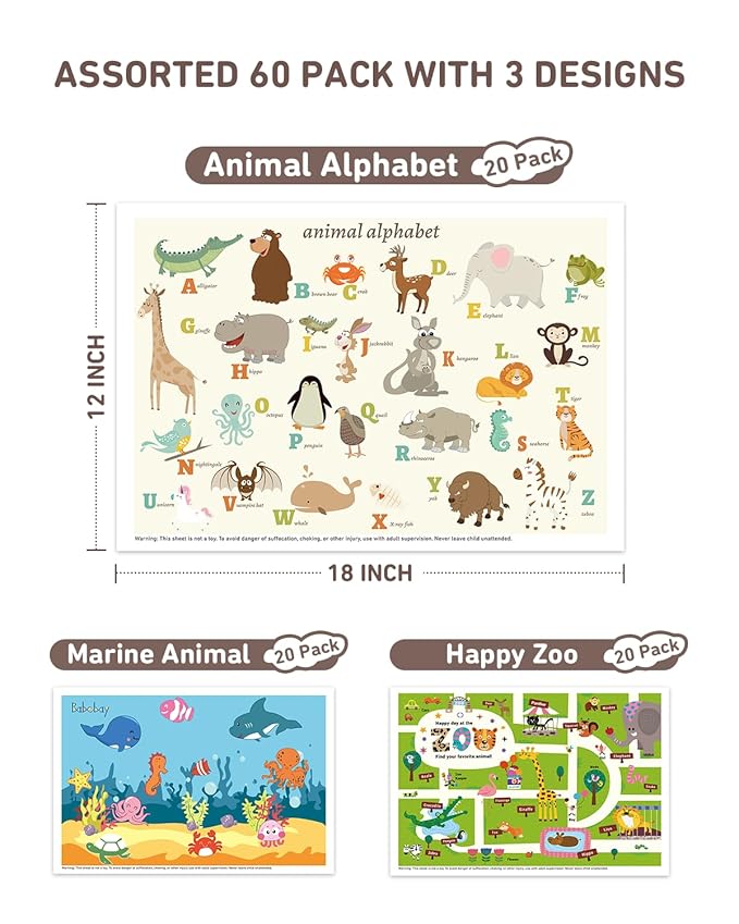 Babebay Disposable Placemats for Baby, 60 Pack Sticky Toddler Placemat for Restaurants, Dining Table, Party, Travel, 12" x 18" with 3 Designs