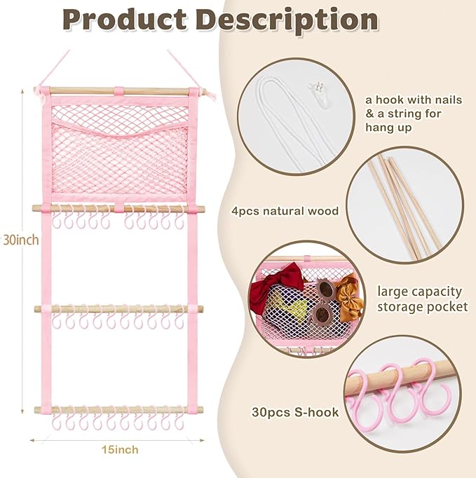 kangaroo Headband Holder Hair Bows Organizer for Baby Girls Large Capacity Bow Holder Hair Accessories Wall Hanging Organizer for Toddler Baby Girl Nursery Room Decor