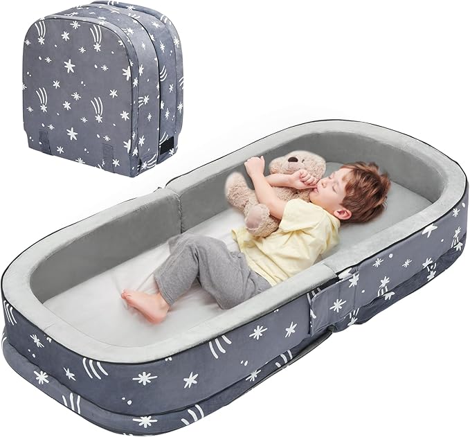 Portable Toddler Travel Bed, Foldable Kids Floor Bed for Home/Travel with Foam Mattres, Toddler Cot for Kids Aged 1-4, Velvet Fabric