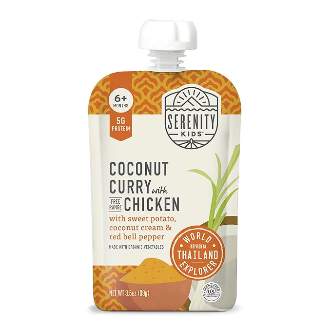 Serenity Kids 6+ Months World Explorers Coconut Curry Chicken Baby Food Pouch - BPA-Free Pouches - Ethically Sourced Meats & Organic Veggies - GMO-Free Savory Blend - 3.5 Oz, 12 Pack