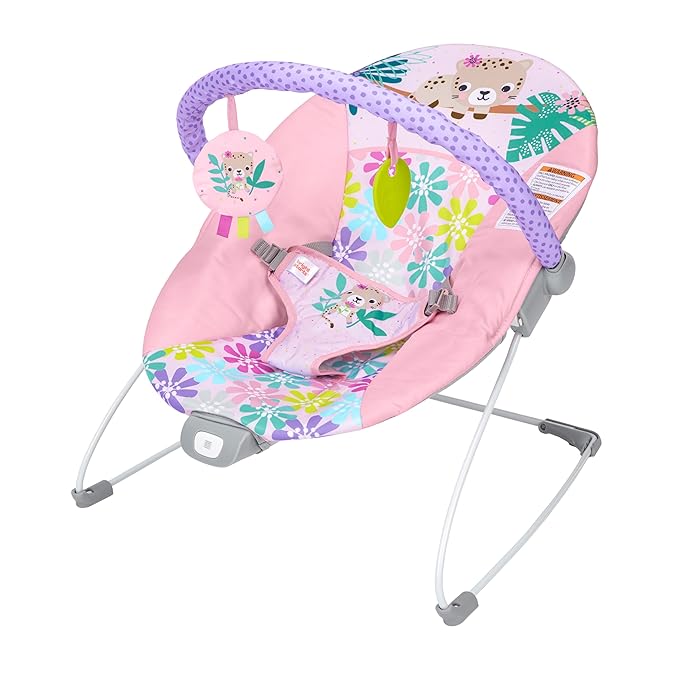 Bright Starts Pink Vibrating Baby Bouncer, Removable Toy Bar with 2 Toys, Nonslip Feet, 0-6 Months Up to 20 lbs (Wildflower Wonders)