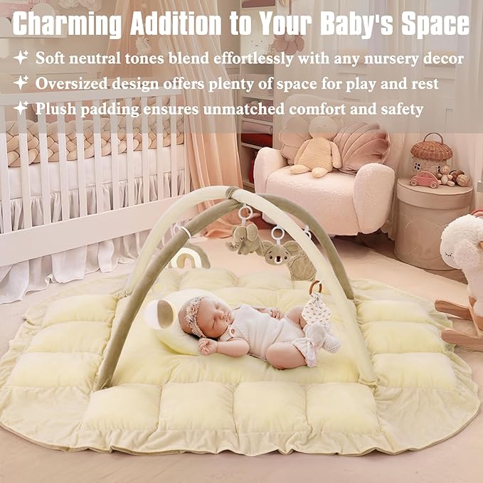 5-in-1 Plush Baby Play Gym, Baby Play Mats, Convertible Baby Gym with Pillow, Tummy time mat, Baby&Ped Bed, 6 Sensory Toys, Baby Activity Center from Newborn to Toddler, Ball Pit, Rectangular Cream