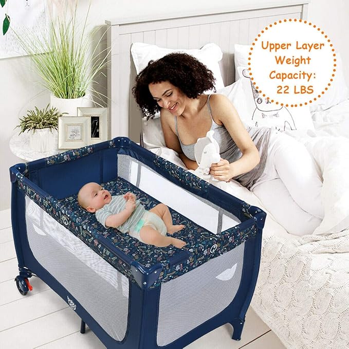 BABY JOY Portable Playard with Bassinet, Double Layer Foldable Baby Playpen with Breathable Mattress, Lightweight Easy Set up Baby Crib with Carry Bag, Foldable Travel Crib from Newborn to Toddlers