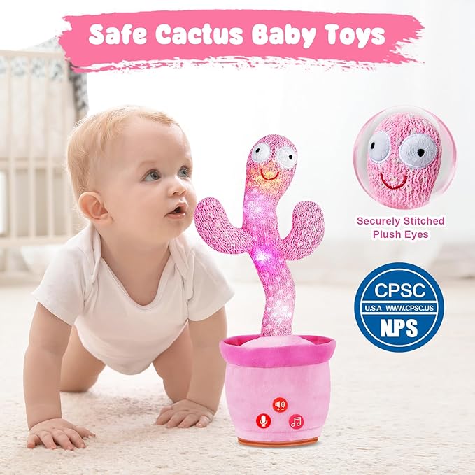 Dancing Talking Cactus Toy for Baby Toddler, Volume Adjustable, Mimicking, Recording, Singing English Songs, Tummy Time Toys –Baby Toys Girls Gifts