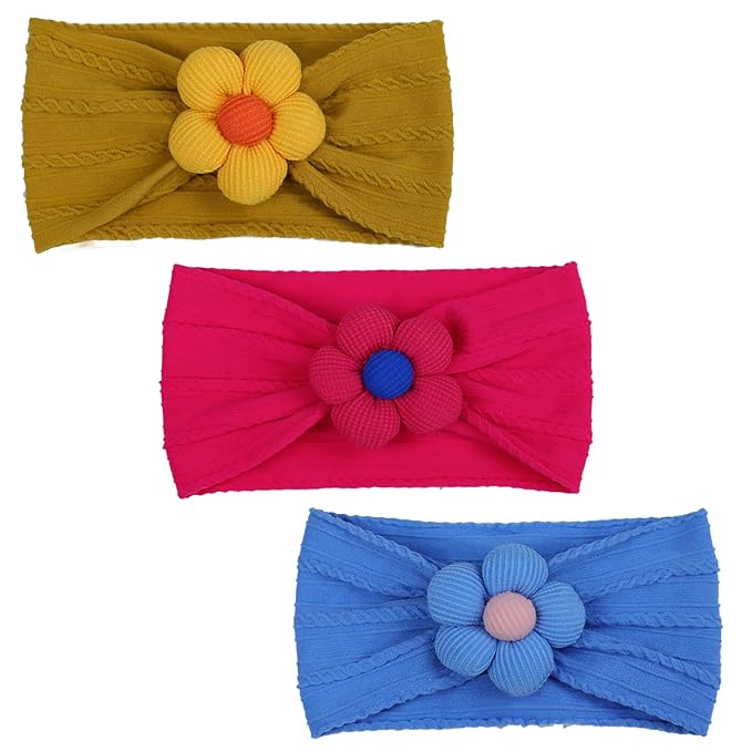 3 Pcs Baby Flower Headbands Baby Girls Nylon Headbands Soft Hairbands Hair Accessories for Newborn Infant Toddler Kids (Yellow Red Blue)