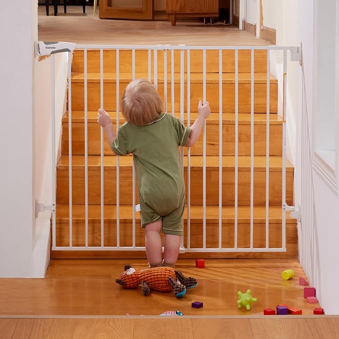 Babelio Baby Gate for Stairs, Kitchen & Doorways, 26-41" W 34" H Extra Tall| No Bottom Bar| Easy Installation| One-Handed Operation| Auto-Close| Hardware Mount Safety Dog/Pet Gate Indoor (White)