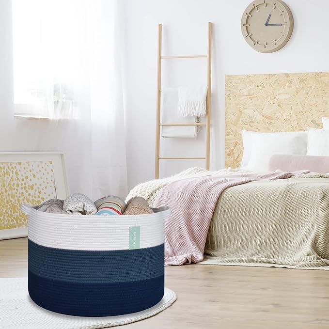 Extra Large Blanket Basket 87L, Laundry Hamper, Baby Nursery Hamper for Storage Toys Clothes Towels, Large Cotton Rope Laundry Basket for Girls Boys, 22”x 14”, White & Cadet Blue & Navy Blue