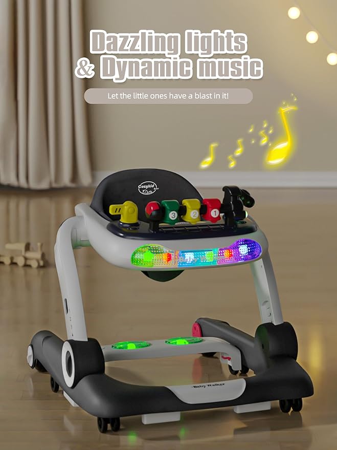 Music and Lights Baby Walker with Wheels, 6 in 1 Baby Activity Center w/Ergonomic backrest Design, Baby Walkers for Boys w/Foot Pads, Music Bouncer Walkers for Boys Girls Babies 6-18 Months, D Grey
