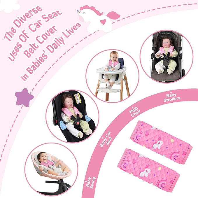 INFANZIA Car Seat Strap Covers for Infants Babies, Soft Carseat Shoulder Pads for Kids, Double-Sided Use Seatbelt Cushion Covers for Stroller, Pushchair & High Chair (Pink)