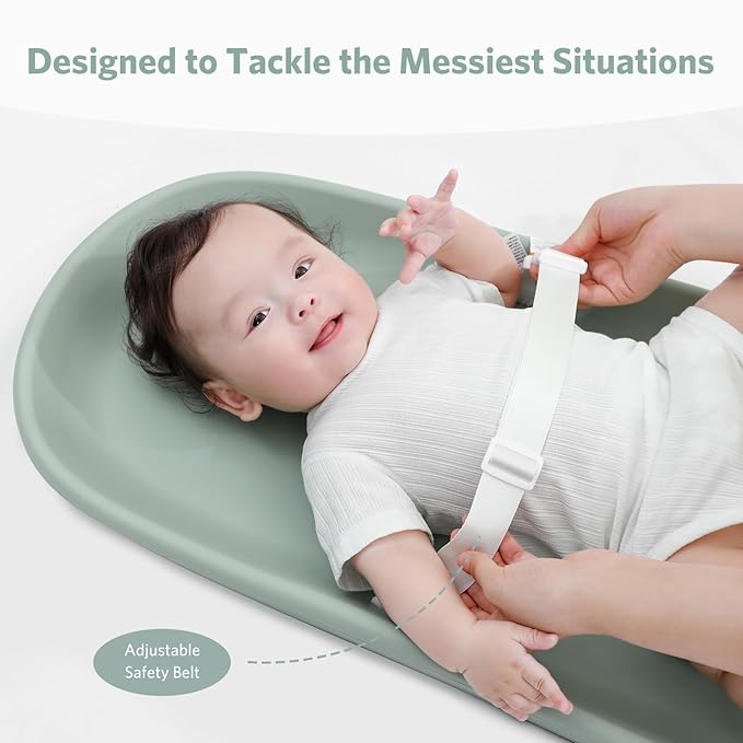 Waterproof Baby Changing Pad in EVA Foam, Wipeable & Quick Clean, Light & Portable, Adjustable Safety Belt & Non-Slip Base, for Diaper/Clothes Changes & Massage, Fits Dresser/Changing Table - Sage