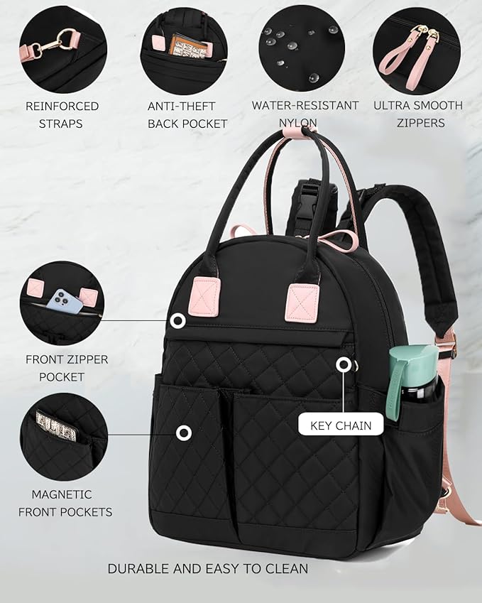 18 Pockets Diaper Bag Backpack with Waterproof Pockets and Stroller Buckle, Convertible Tote Bag (Black-pink, Medium)