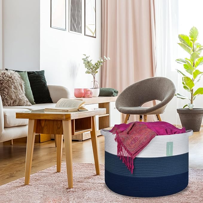 Extra Large Blanket Basket 87L, Laundry Hamper, Baby Nursery Hamper for Storage Toys Clothes Towels, Large Cotton Rope Laundry Basket for Girls Boys, 22”x 14”, White & Cadet Blue & Navy Blue