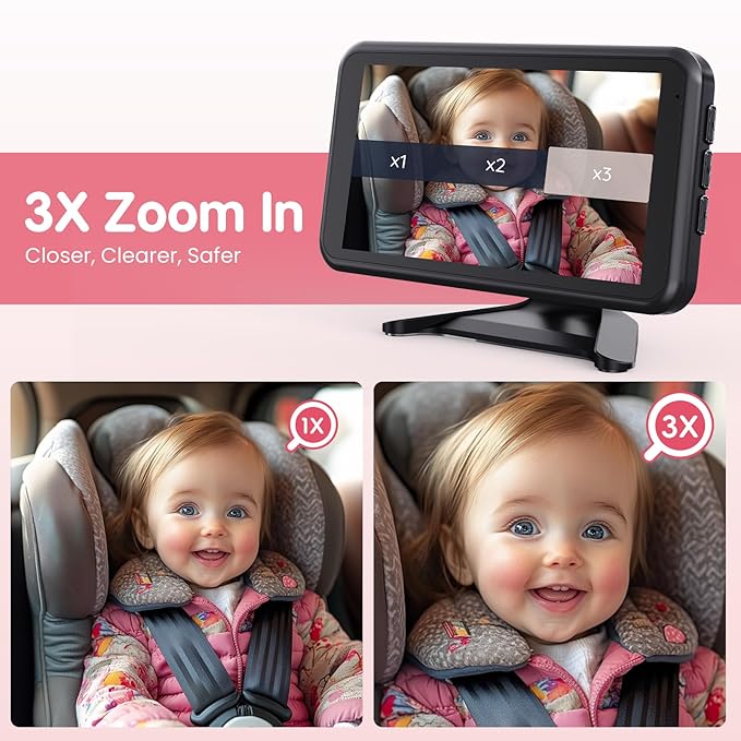 BM2A Baby Car Camera, 3X Zoom & 5.2" 1080P Display for Rear-Facing Car Seats, IR Night Vision, Easy No-Damage Install – Ideal Car Baby Camera for Parents and Pet Owners