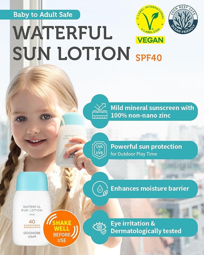 Baby Kids Waterful Sun Lotion SPF 40 & Mild Soothing Gel - Zinc Oxide Mineral Sunscreen & After Sun Relief - Korean Skincare for Sensitive Skin - Vegan Hypoallergenic, 2.82oz & 5.07oz