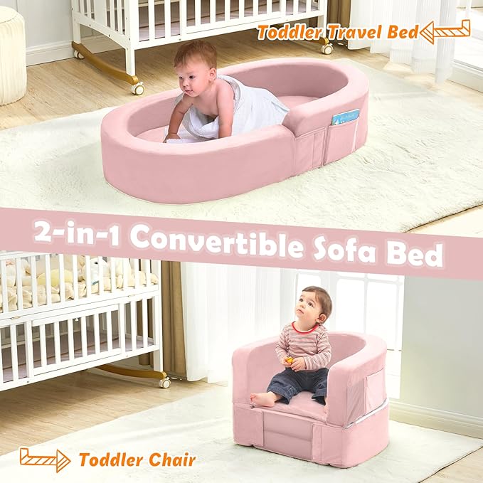 QUCHI Toddler Travel Bed - Portable & Foldable 2-in-1 Travel Cot, Soft Foam with Washable Cover, Convertible Sofa for Toddlers & Kids, Indoor & Outdoor Use