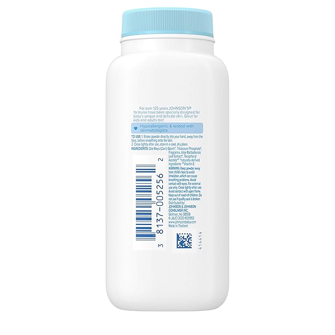 Johnson's Baby Naturally Derived Cornstarch Baby Powder with Aloe and Vitamin E for Delicate Skin, Hypoallergenic and Free of Parabens, Phthalates, and Dyes for Gentle Baby Skin Care, 1.5 oz