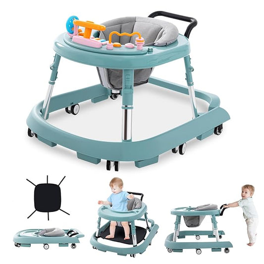 Baby Walker Foldable with Music and Lights,Portable Baby Walker with Wheels,9 Adjustable Heights,Removable Tray&Footrest, Speed Adjustable,Infant Toddler Walker for Baby Boy Girls 6-18 Months(Green)