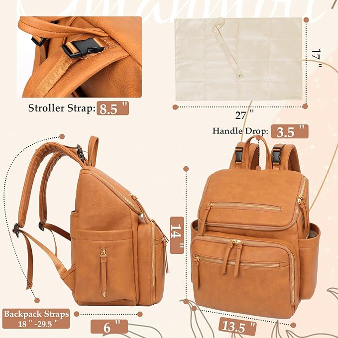 Diaper Bag Backpack Large Baby Diaper Bag Leather with 17 Diaper Bag Organizing Pouches,Changing Pad,Stroller Straps,4 Insulated Pockets,Honey