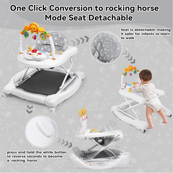 Baby Walker, 5 in 1 Baby Walkers for Boys Girls 6-12 Months, Foldable Walkers for Babies with Bouncer & Feeding Tray, Music, Adjustable Heights, Activity Walker for Infant