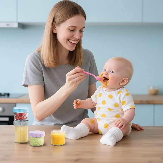 DRKIO 6 Pack Glass Baby Food Storage Containers - 4 & 8 oz Baby Food Jars with Lids Baby Food Maker Microwave Dishwasher Freezer Safe 100% Leak Proof BPA Free Reusable