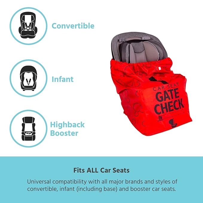 J.L. Childress Disney Baby Gate Check Bag for Car Seats - Travel Bag for Airplane, Fits All Baby & Infant Car Seats, Airport Accessories for Gate Check, Flying Essentials - Mickey Mouse, Red