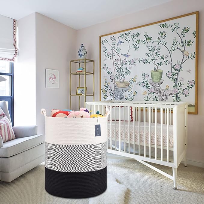 COMSE Extra Large Blanket Basket, Tall Woven Storage Basket, Nursery Hamper, 15.7”x 21.7”, Cotton Rope Laundry Hamper for Toys Clothes Towels, White/Gray/Black