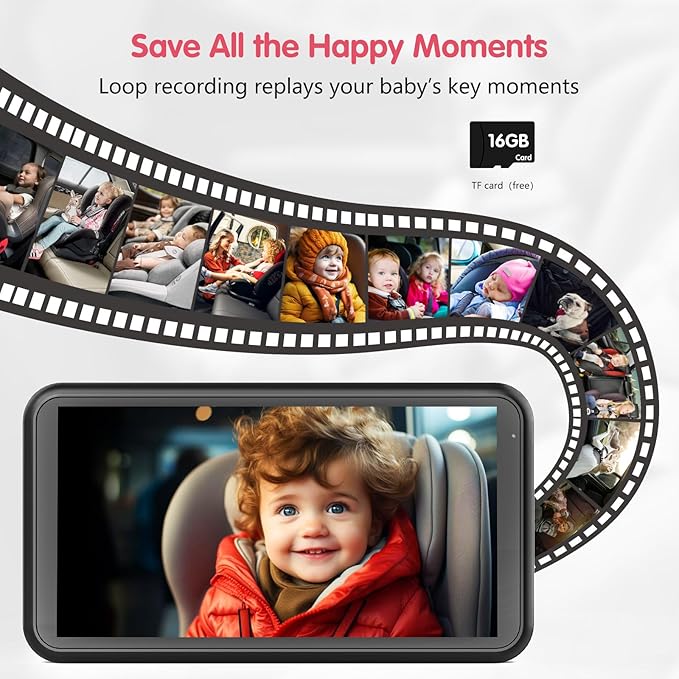 BM3 Baby Car Camera, 5.2" 1080P with Video Recording & TF Card, Back Seat Camera with 3X Zoom, 360° Rotation, Easy Installation Baby & Pet Car Monitor