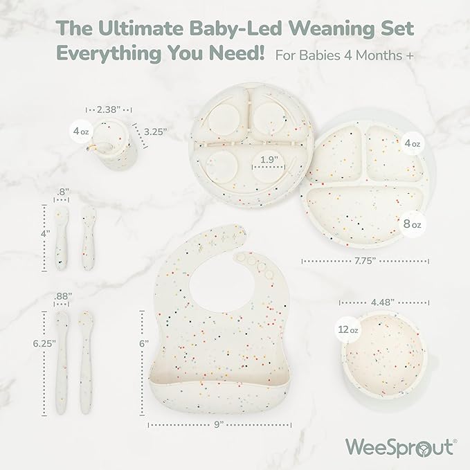 WeeSprout Baby Led Weaning Bundle, Silicone Suction Bowl, Spoons, Bib & Cup, Develops Self Feeding Skills, Dishwasher Safe (Confetti)