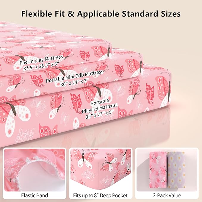 Pack N Play Sheets Fitted, 2-Pack Fit for Standard Pack N Play Mattress, Mini Crib Sheets,Breathable Soft Unisex Playard Sheets (Daisy & Black Butterfly)