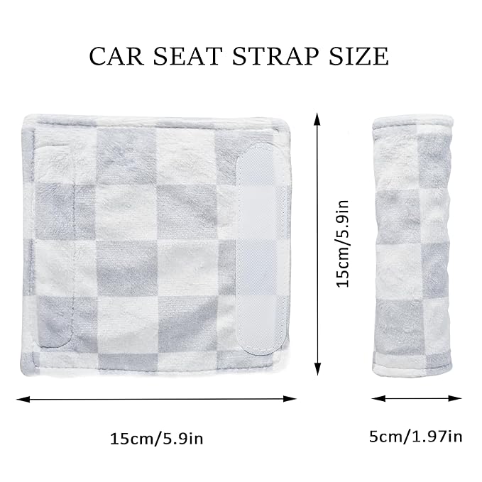 Carseat Strap Covers for Babies, Ultra Soft Double-Sided Use Shoulder Covers, 2 Pack Infant Seat Belt Covers for Car Seats/Strollers/High Chairs, for Baby Toddler Infant Boy Girl, Gray Checkered