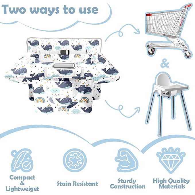 Shopping Cart Cover for Baby Girl Boy 2-in-1 High Chair Water Resistant High Chair Cover White Whale Gender Neutral Cart Cover for Babies Padded Grocery Cart Cover for Baby