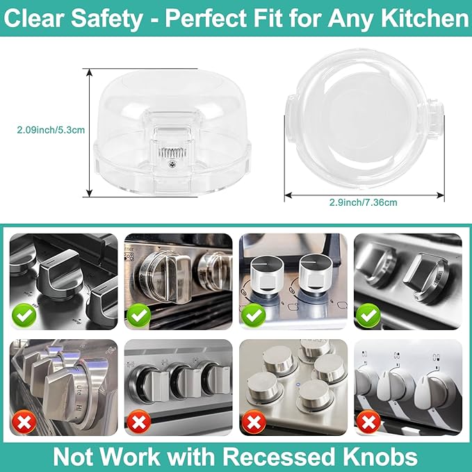 GRENFU Stove Knob Safety Covers (5 + 1 Pack) - Double-Key, Universal Size Gas Stove Knob Locks with Strong Double-Sided Tape, Heat-Resistant Oven Knob Covers for Child Safety/Pet Safety, Clear View